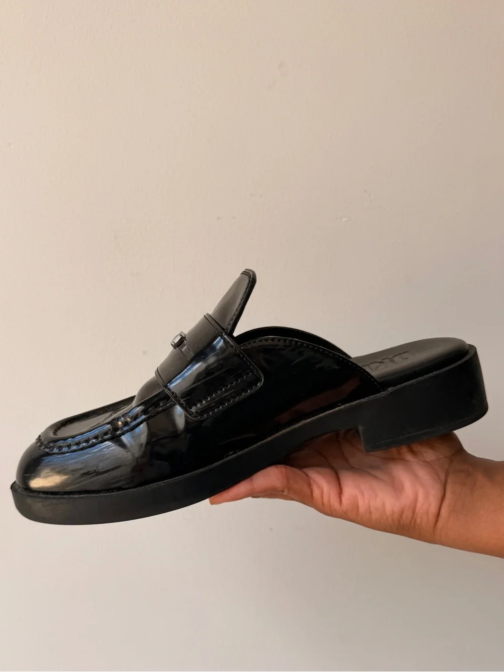 DKNY Black Patent Leather Slip-On Loafers with Metal Logo